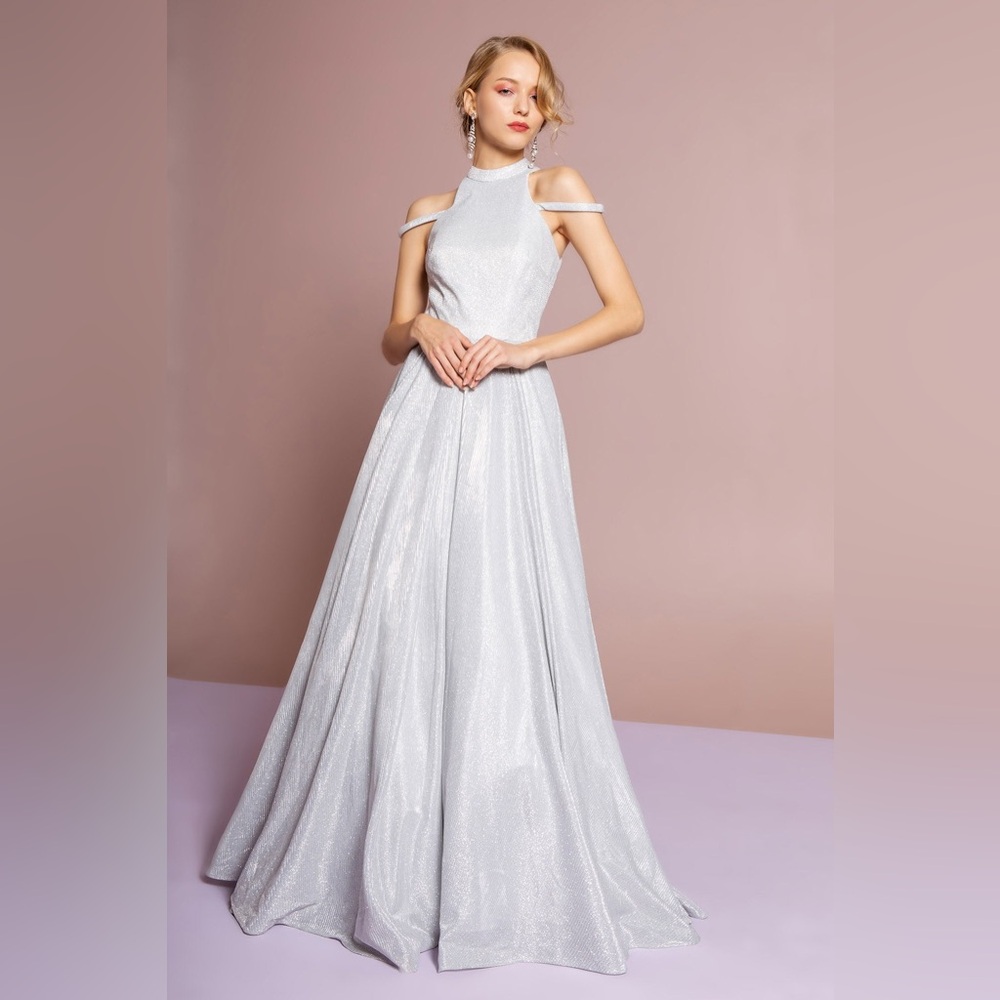 Halter Neck Glitter Crepe A-Line Long Dress